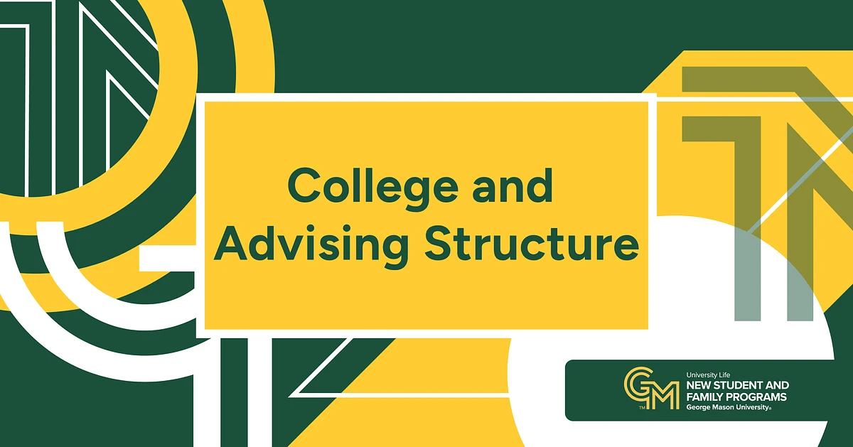 The image is a promotional graphic for "College and Advising Structure" by the New Student and Family Programs at George Mason University, featuring a green, yellow, and white abstract design.